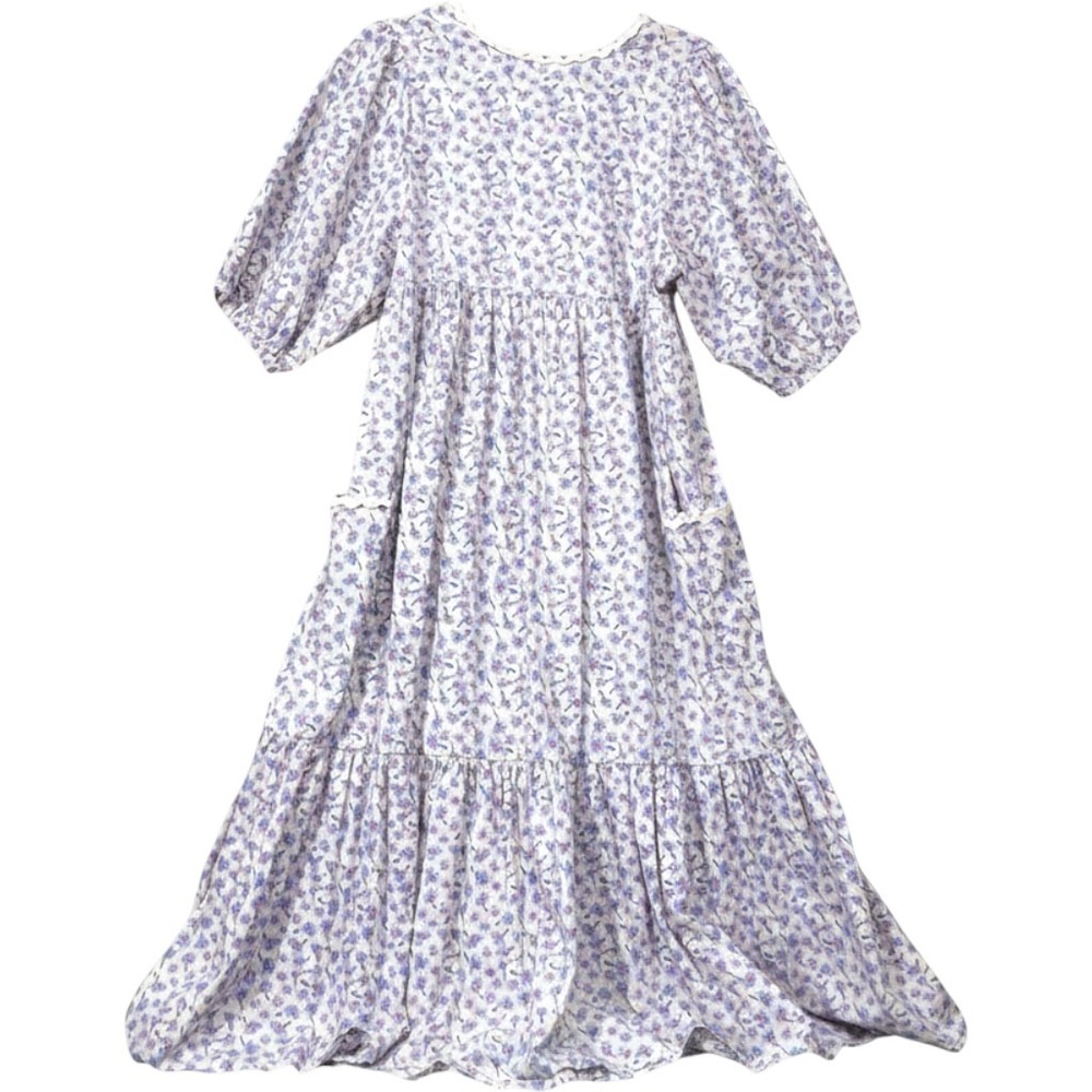 Damson Madder Greta Ditsy Floral Midi Dress UK 14 Pink Blue Puff Sleeve Pockets